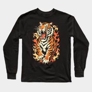 Tiger with Flames Backprint Black Long Sleeve T-Shirt